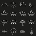 Weather line icon set. Outline weather forecast symbols: clouds, sun, moon, rain. Vector illustration. Royalty Free Stock Photo